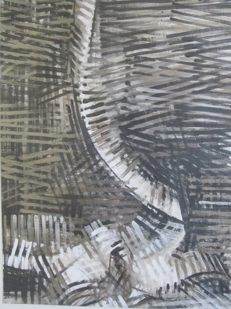 Silver and steel painted lines are repeatedly hatched left and right, up and down, overlapped and directional. They carve out the space around the form of a till receipt.