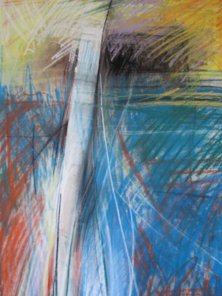 A multitude of lines in yellow and blue support a flowing white column through the space as the build up of transactions forces the form of a till receipt to fall to the floor.