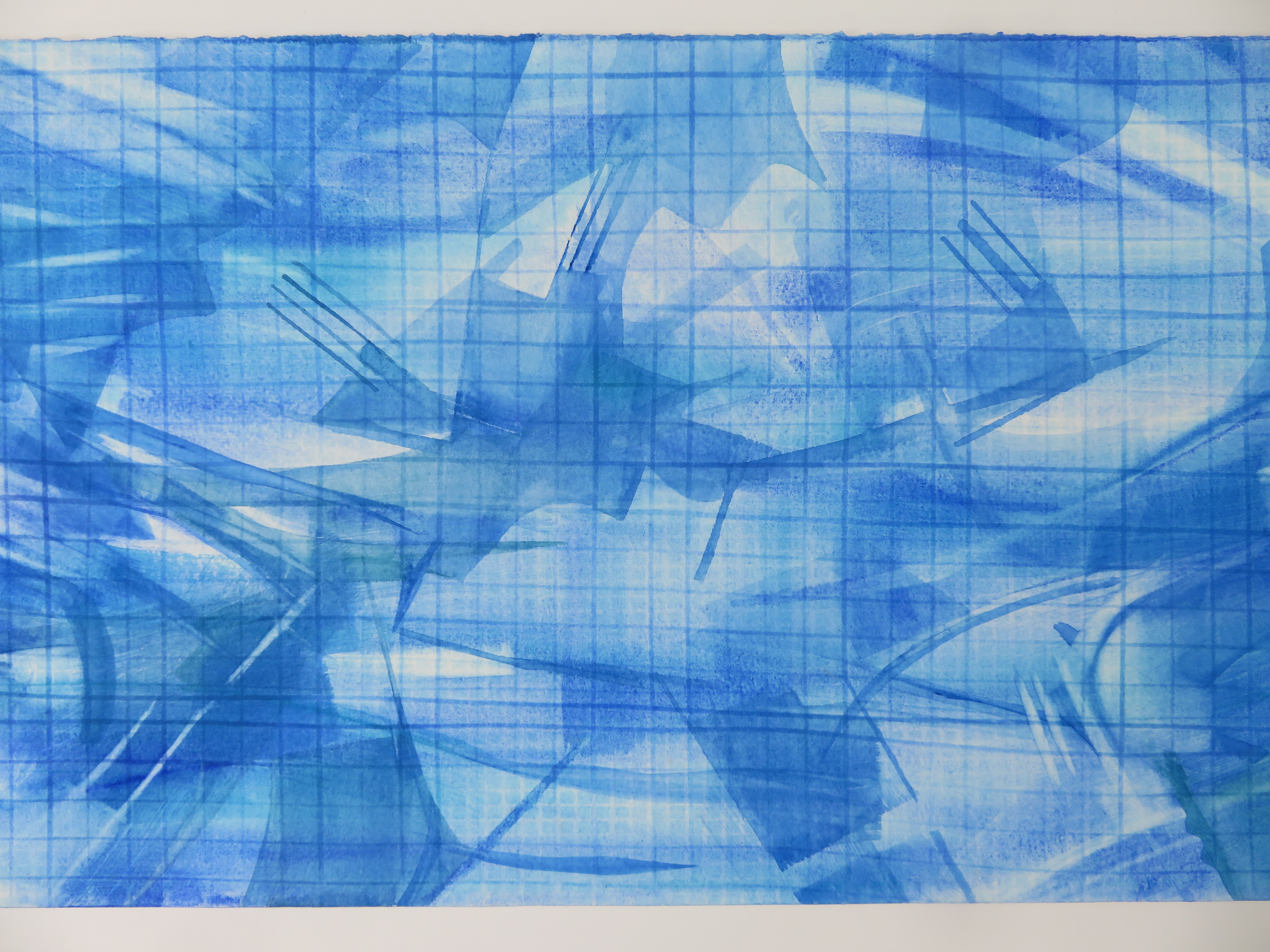 Shades of ultramarine and cobalt blue find fragmented forms in light medium and dark tones.  Thin, incised lines run over the whole image, creating a subtle net.