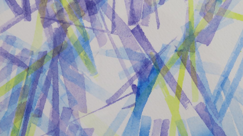 Pale layers of yellow, blue and violet overlap, revealing shards and slivers of the white paper which indicate fragments of potential places where the butterflies might be for any given split second.  